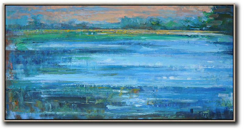 Extra Large Canvas Art,Panoramic Abstract Landscape Painting,Large Living Room Wall Decor,Blue,Earthy Yellow ,Green